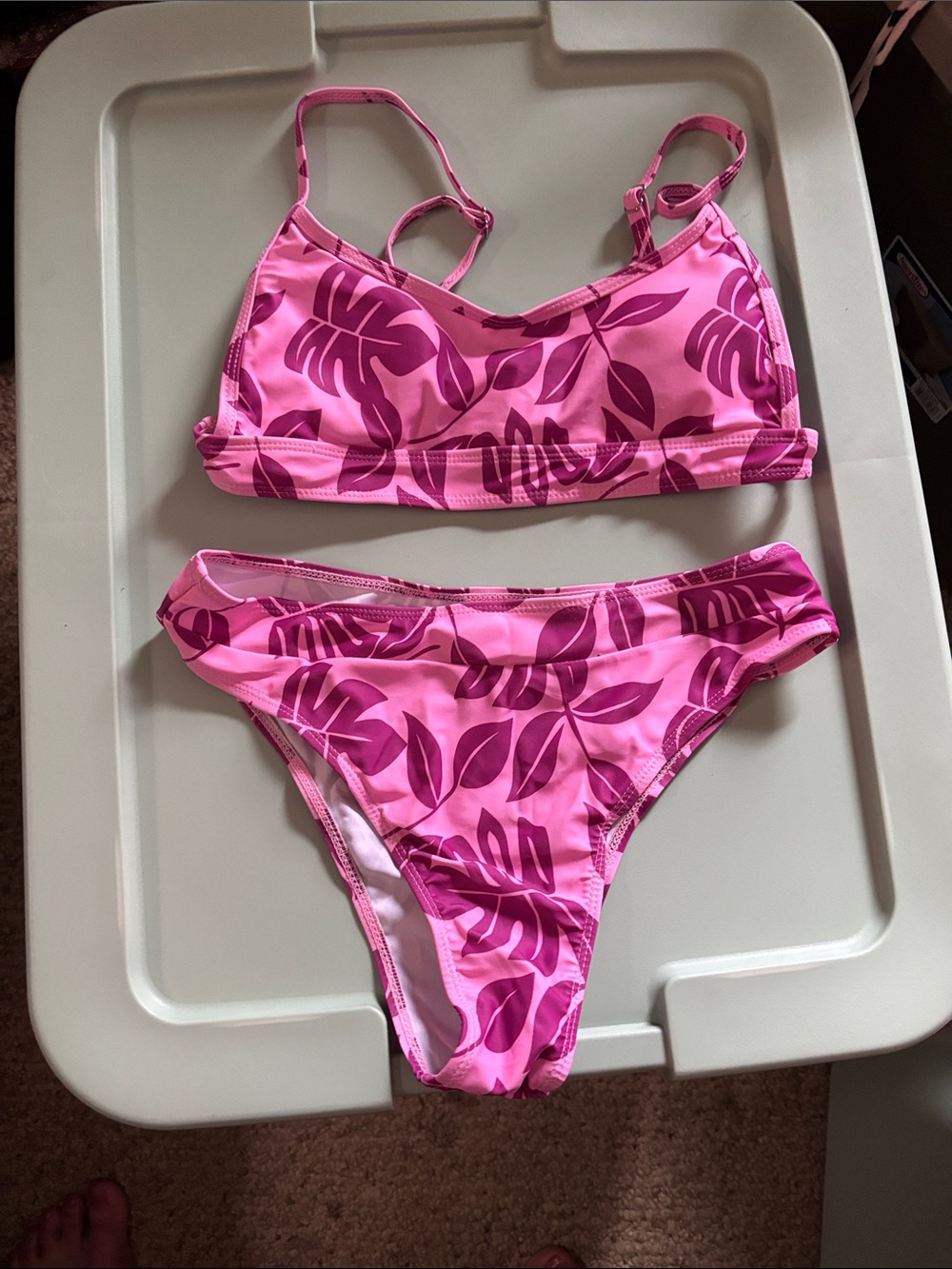 SHEIN Pink Leaf-Print Two-Piece Bikini